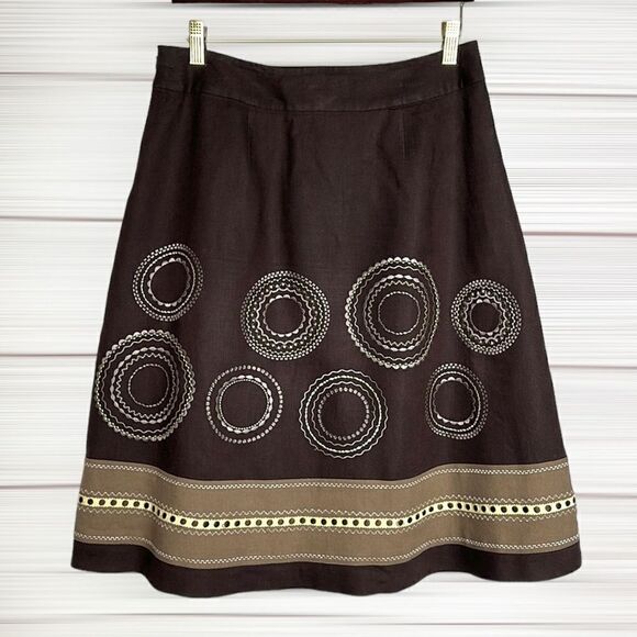 TALBOTS Vintage A-Line Chocolate Brown Linen Embroidered Knee Length Skirt US 8 - Picture 5 of 11